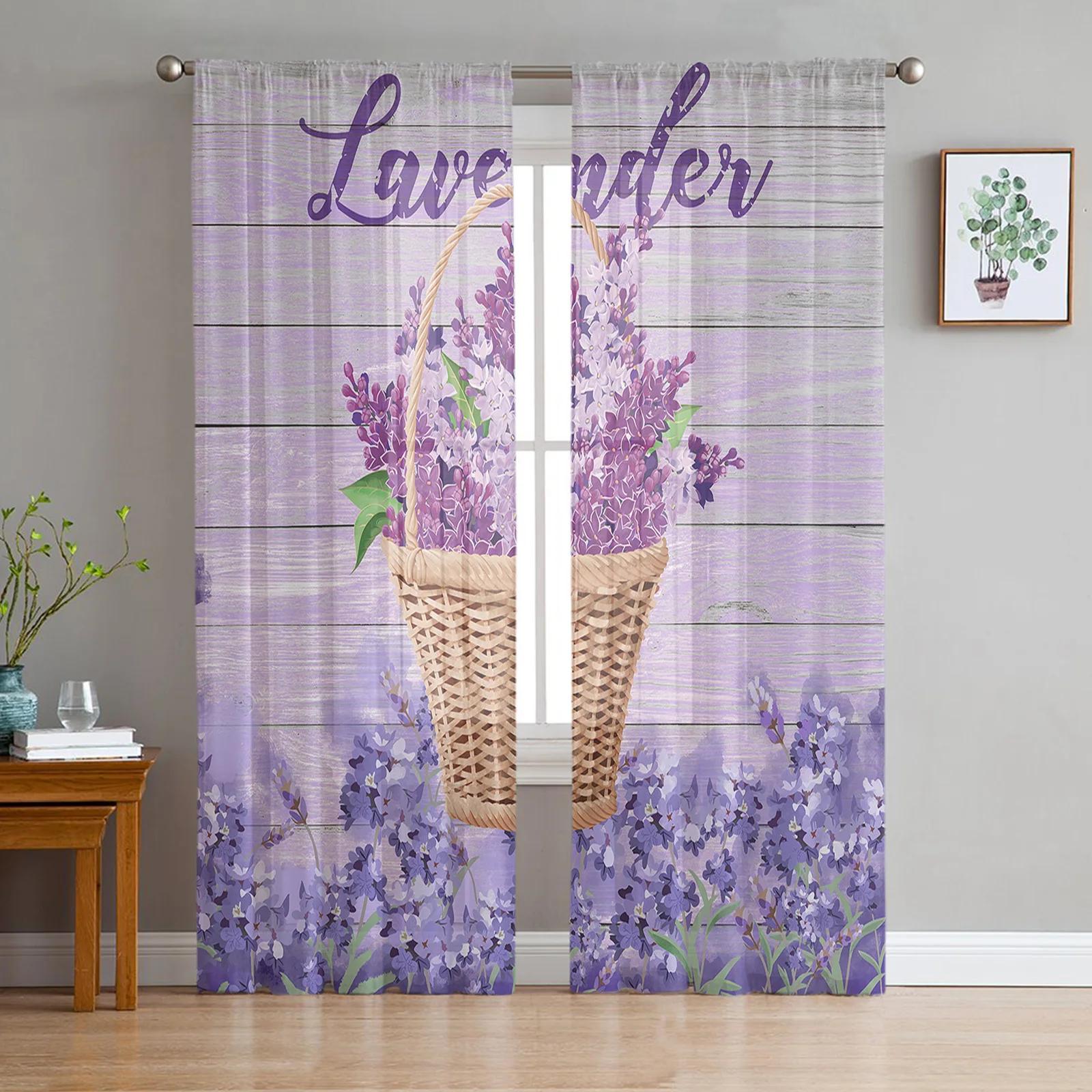 Lavender Flower Basket Tulle Sheer Curtain for Living Room Adults Kid Bedroom Drapes Kitchen Voile Organza Decor Cur